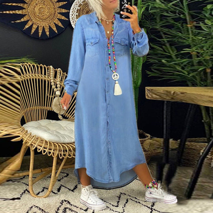 Maja - Långärmad Maxiklänning i Denim